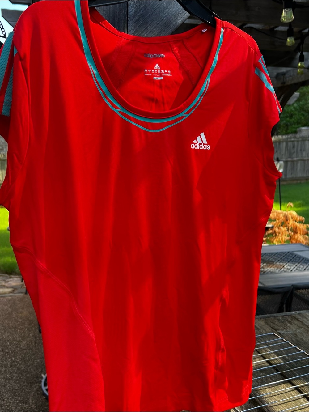 adidas Red/Orange Workout Tee with Teal Accents XL
